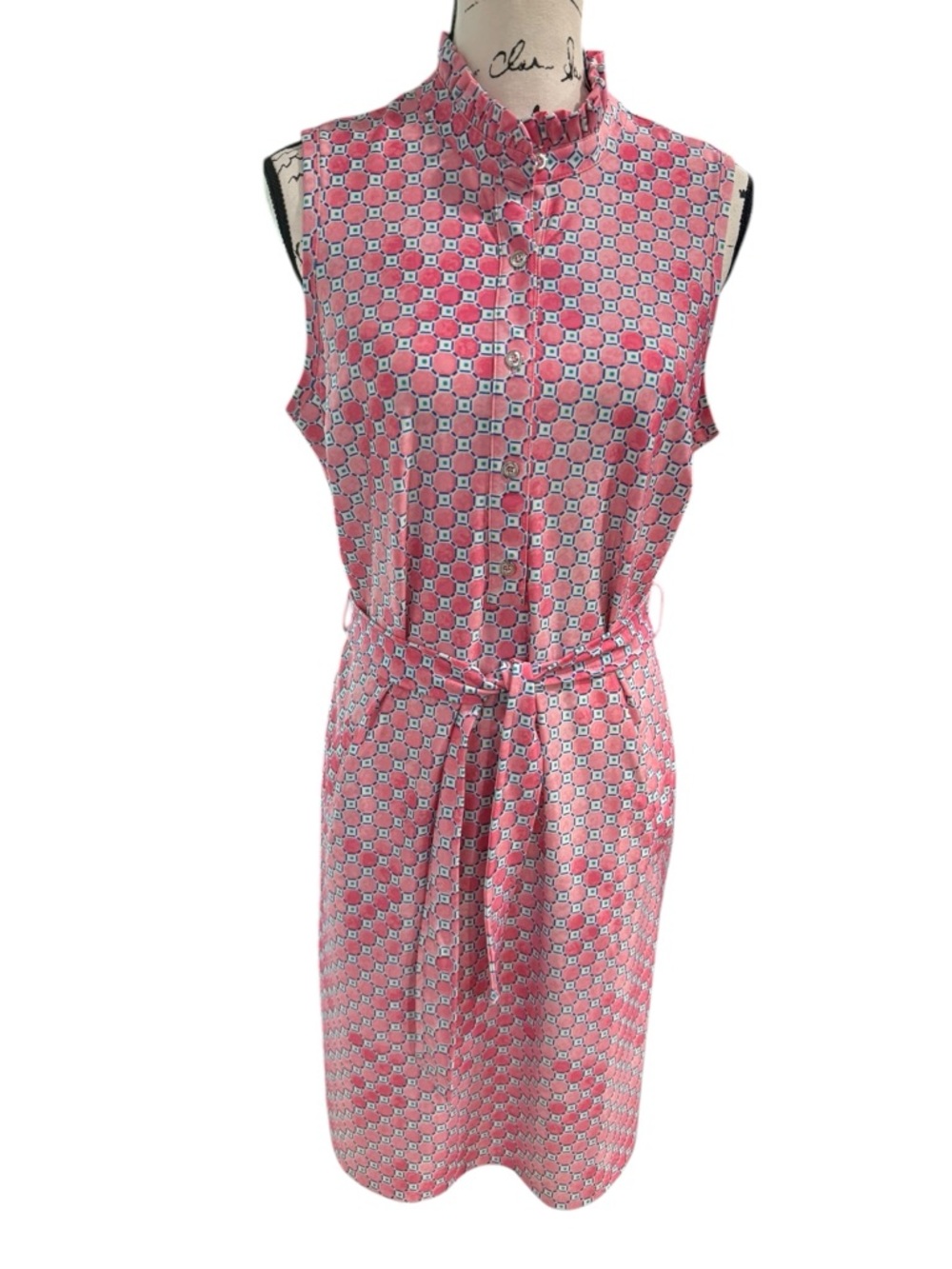 Pappagallo Tess Ruffle Neck Midi Dress | Pink Blue Geometric Print | Size 8